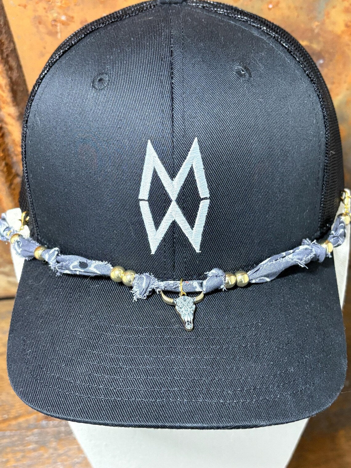 Trucker Hat Baseball Cap Band Add-on Removable Hat Jewelry Cow Skull Charm