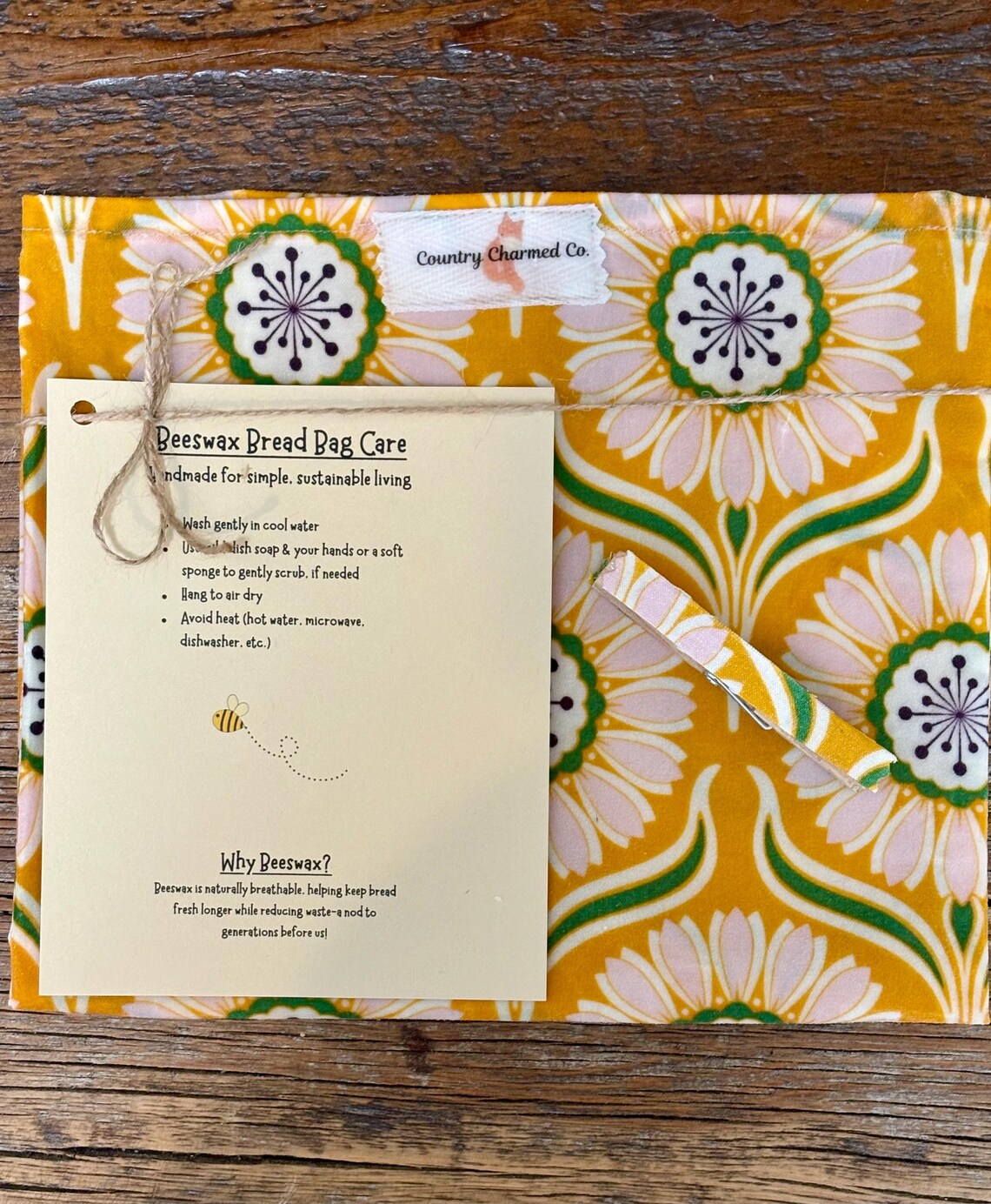 Handmade Organic Beeswax Bread Bag w/ Matching Clothes Pin Clip – Reusable Eco Friendly