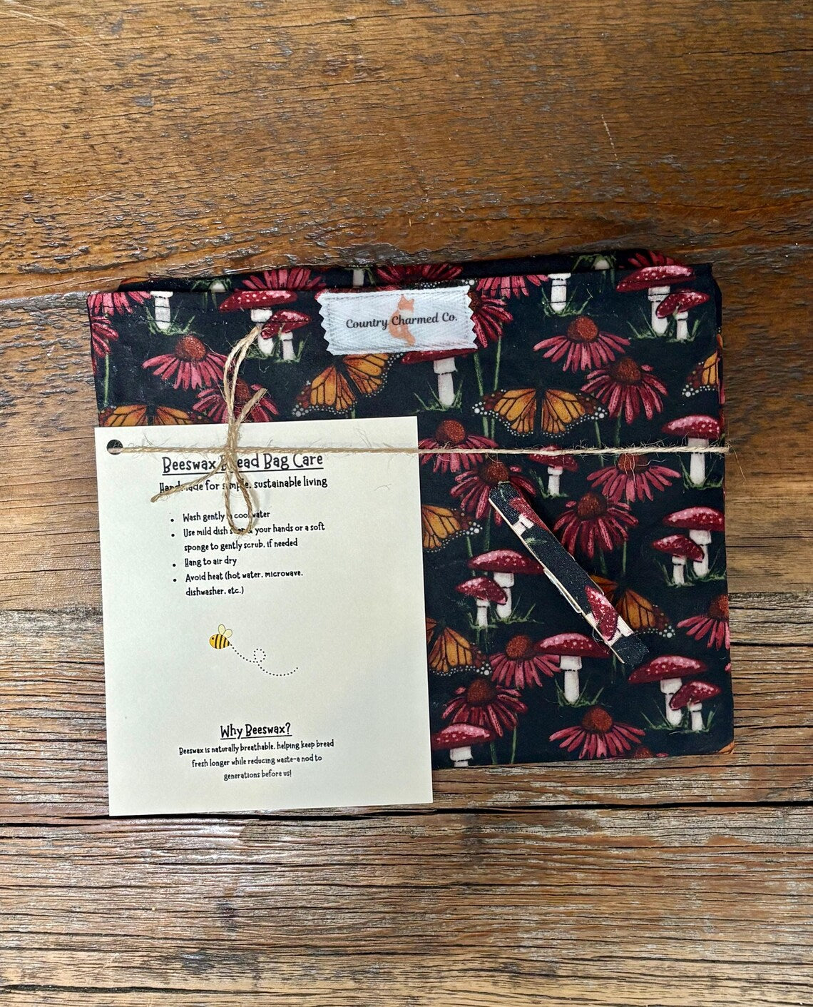 Handmade Organic Beeswax Bread Bag w/ Matching Clothes Pin Clip – Reusable Eco Friendly