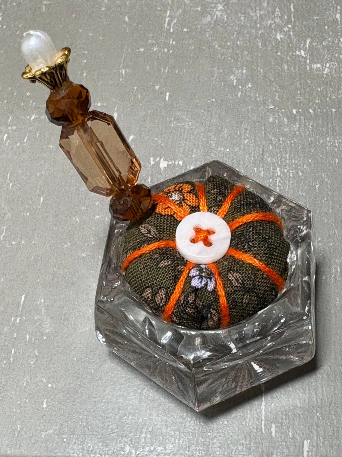 Handmade Salt Cellar Pin Cushion – Decorative Mini Pincushion with Beaded Pin