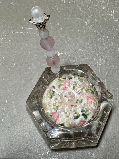 Handmade Salt Cellar Pin Cushion – Decorative Mini Pincushion with Beaded Pin