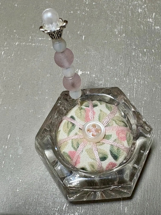 Handmade Salt Cellar Pin Cushion – Decorative Mini Pincushion with Beaded Pin