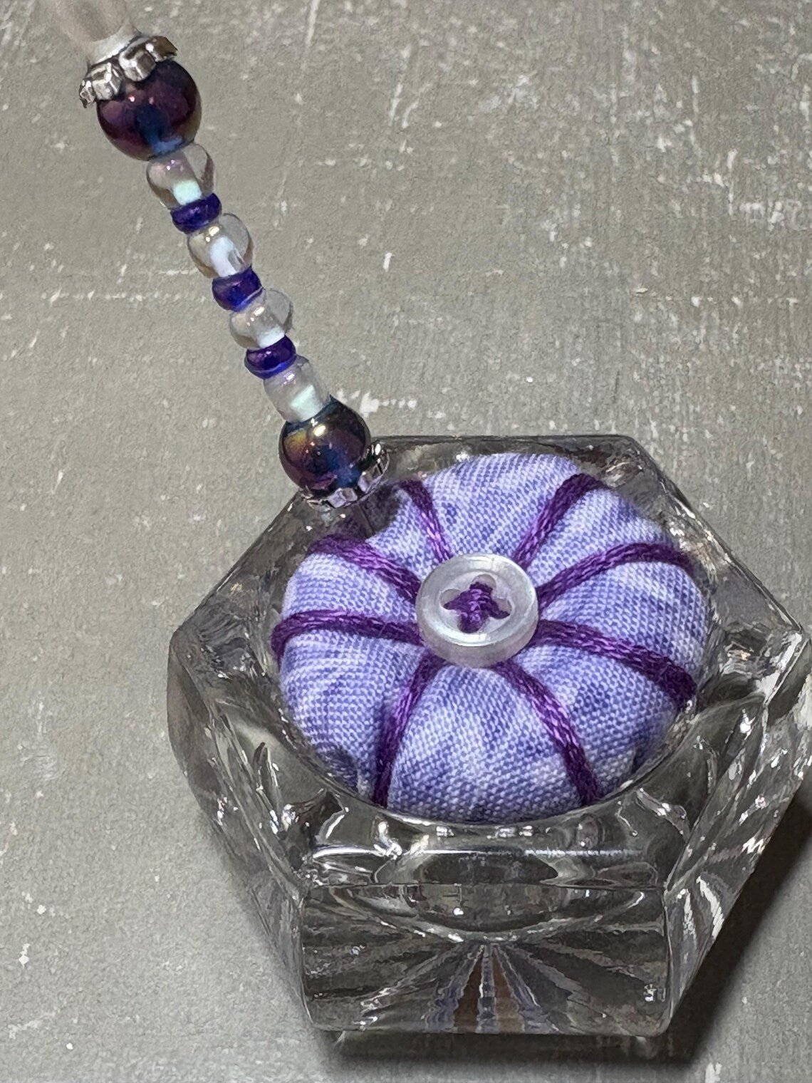 Handmade Salt Cellar Pin Cushion – Decorative Mini Pincushion with Beaded Pin