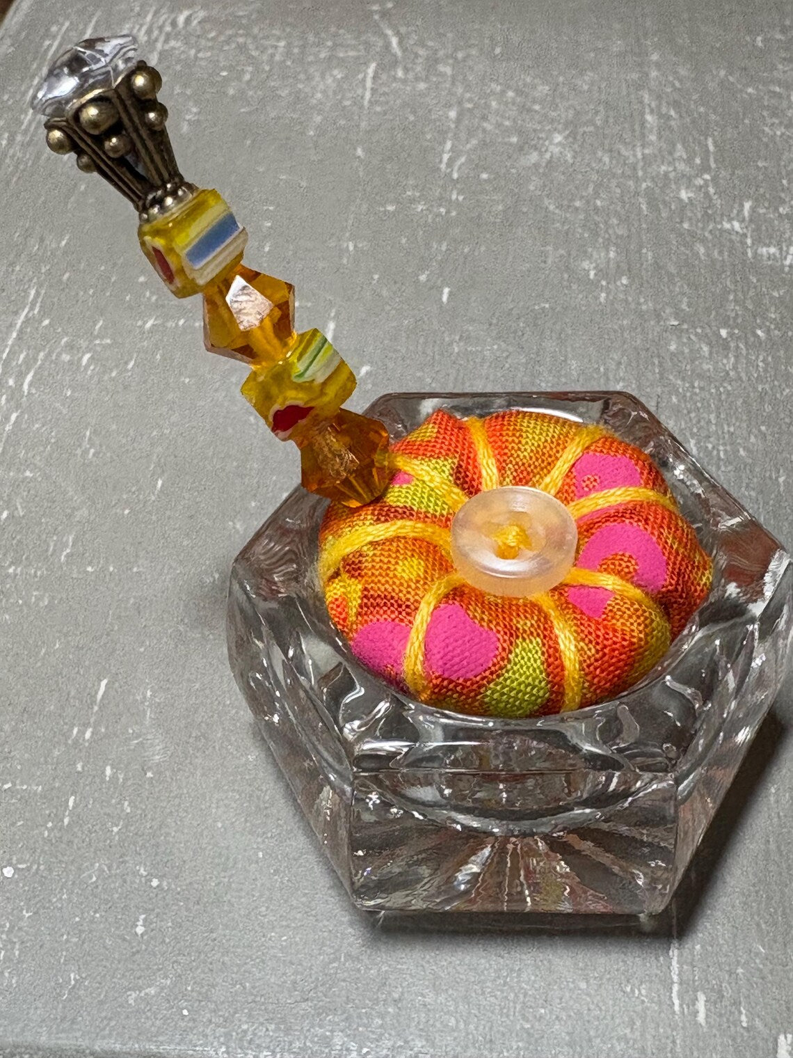 Handmade Salt Cellar Pin Cushion – Decorative Mini Pincushion with Beaded Pin