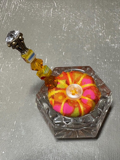 Handmade Salt Cellar Pin Cushion – Decorative Mini Pincushion with Beaded Pin