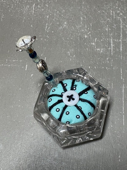 Handmade Salt Cellar Pin Cushion – Decorative Mini Pincushion with Beaded Pin
