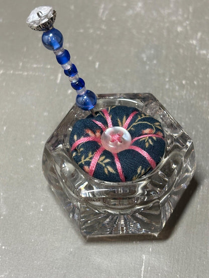 Handmade Salt Cellar Pin Cushion – Decorative Mini Pincushion with Beaded Pin