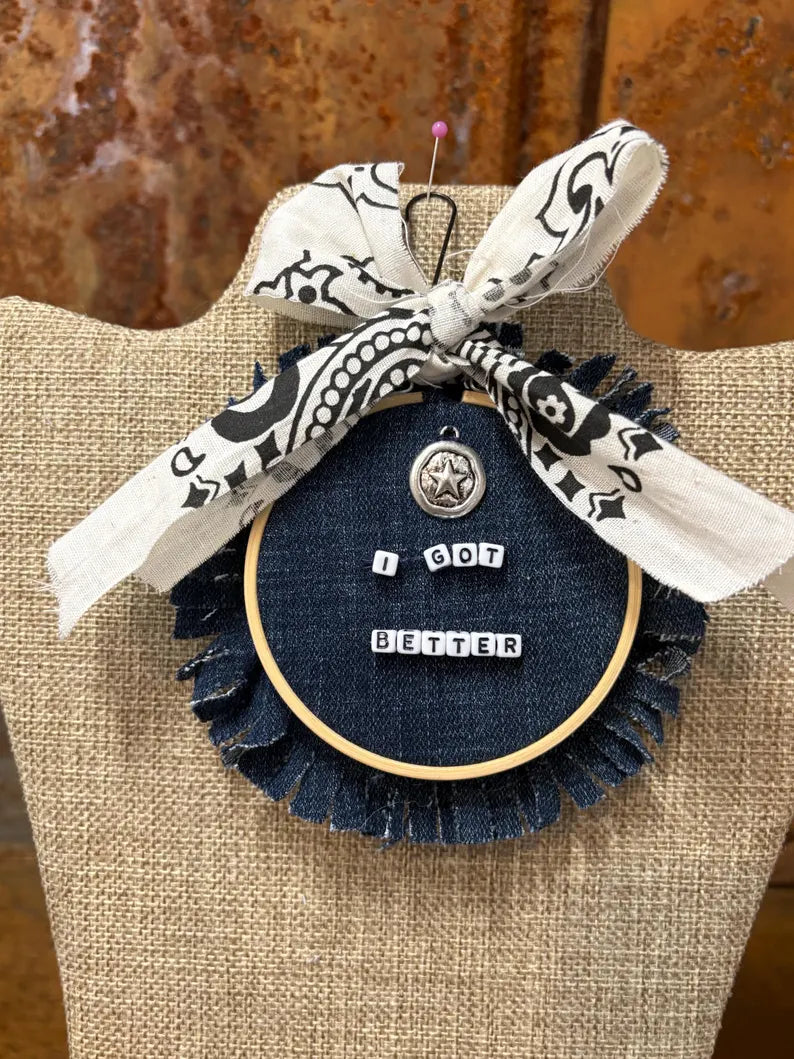 Morgan Wallen Themed Mini Denim Embroidery Ring Wreath Ornament I Got Better