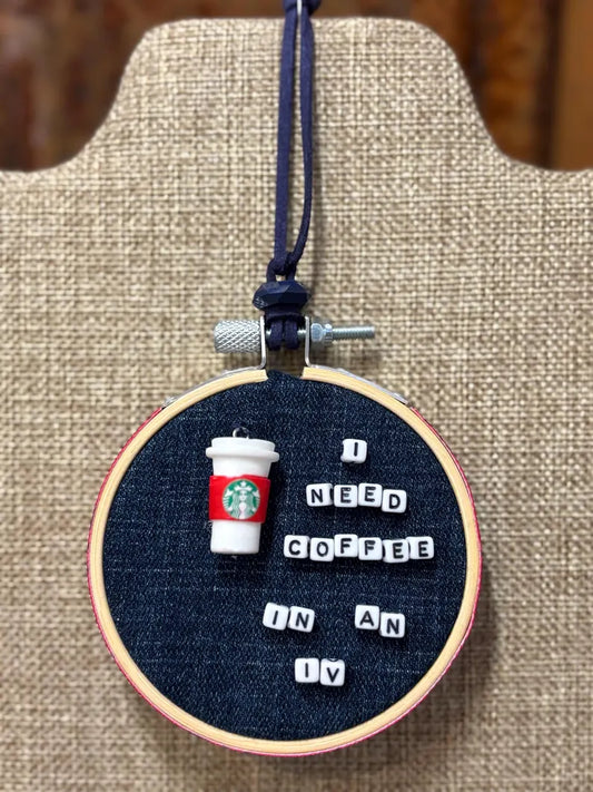 Gilmore Girls Themed Mini Denim Embroidery Ring Wreath Ornament I Need Coffee In An IV