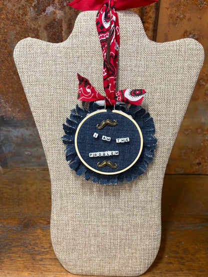 Morgan Wallen Themed Mini Denim Embroidery Ring Wreath Ornament I am The Problem