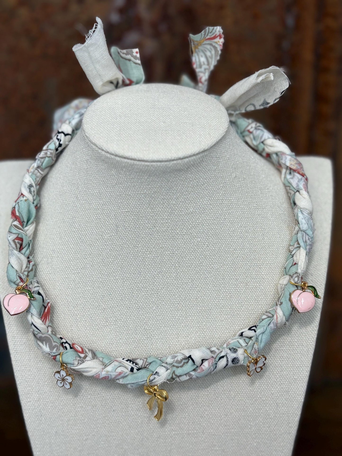 Braided Fabric Charm Necklace - Handmade Boho Style Jewelry - Georgia Peaches