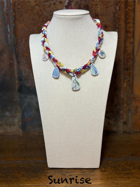 Braided Fabric Ribbon Charm Necklace - Handmade Boho Western Porcelain Charm Jewelry - Sunrise