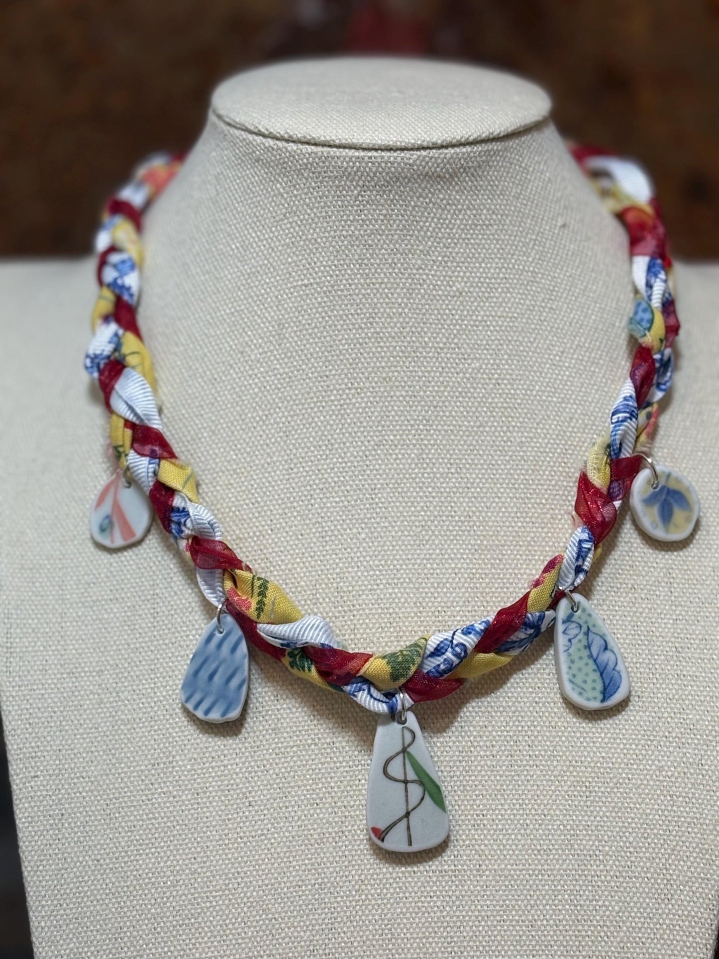 Braided Fabric Ribbon Charm Necklace - Handmade Boho Western Porcelain Charm Jewelry - Sunrise