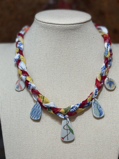 Braided Fabric Ribbon Charm Necklace - Handmade Boho Western Porcelain Charm Jewelry - Sunrise
