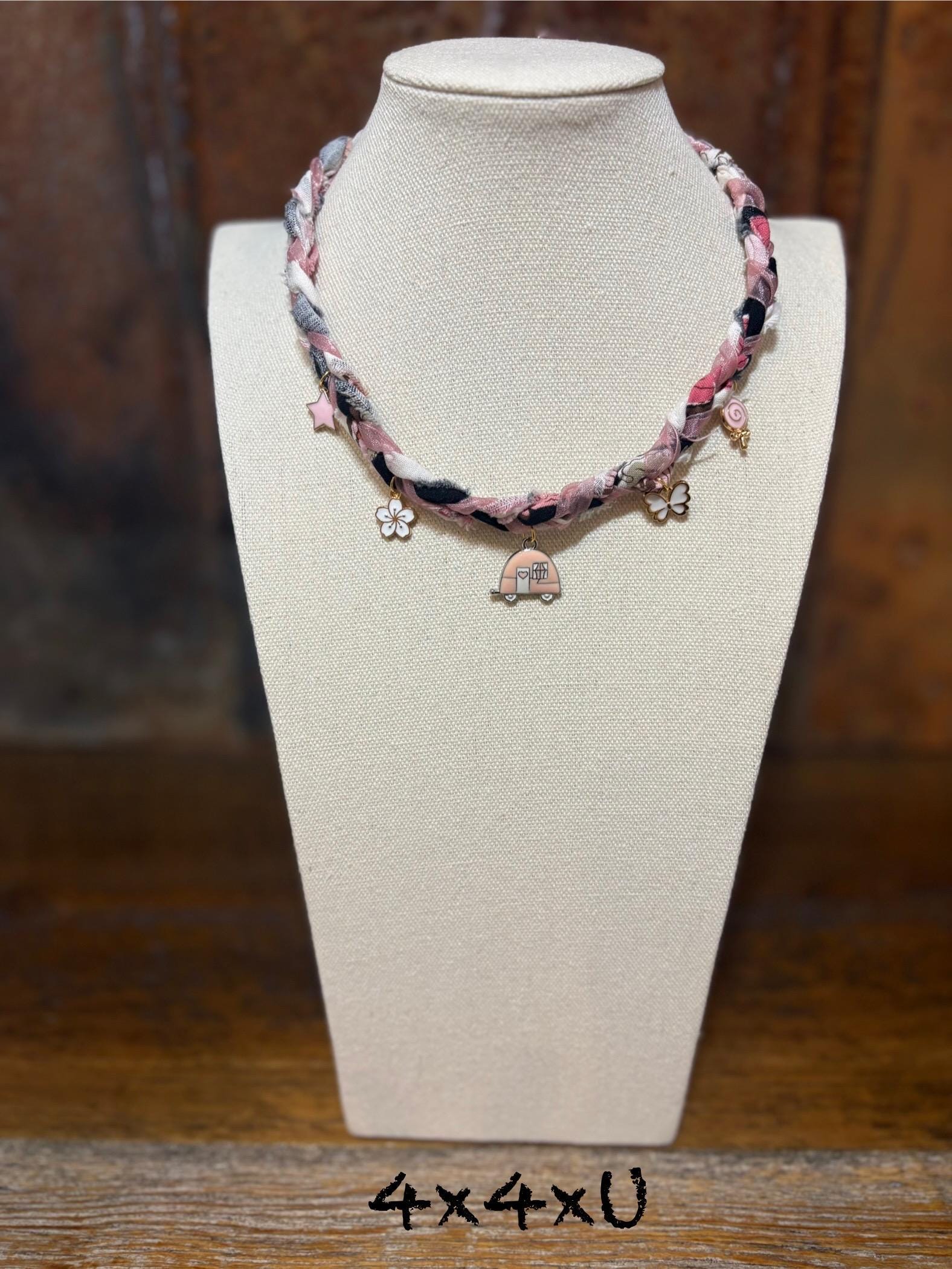 Braided Charm Necklace: Pink Sparkle, Butterfly, Vintage Trailer - 4X4XU