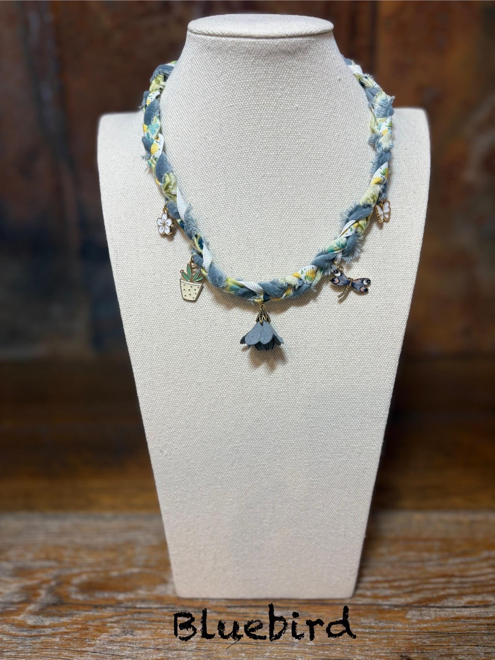 Braided Boho Charm Necklace – Gray Blue Yellow White Fabric Nature Inspired with Faux Suede Flower Pendant - Bluebird