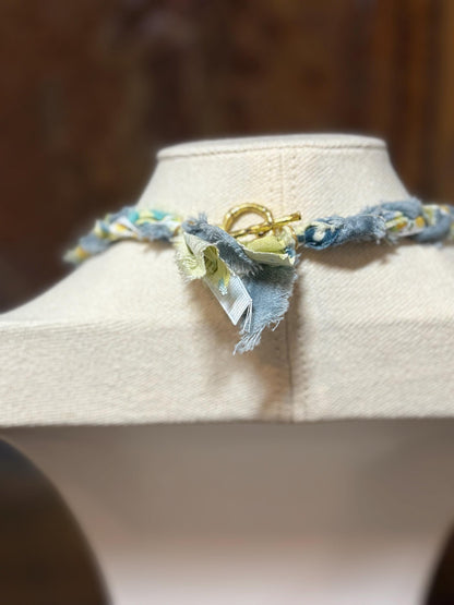 Braided Boho Charm Necklace – Gray Blue Yellow White Fabric Nature Inspired with Faux Suede Flower Pendant - Bluebird