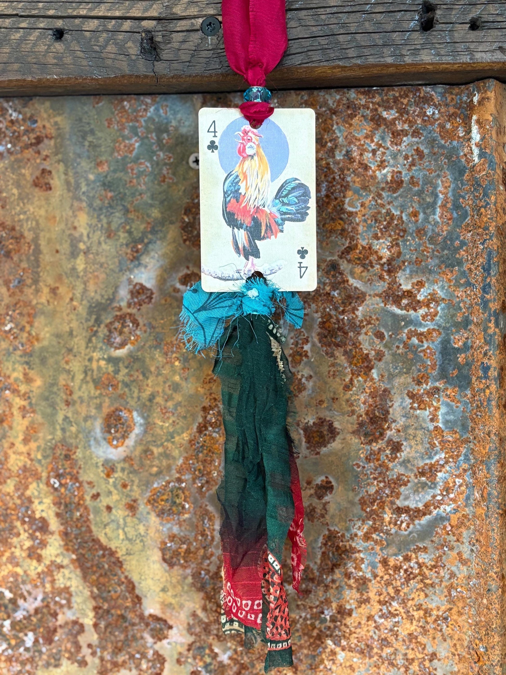 Handmade Car Rearview Mirror Charm: Playing Card Art, Western Boho Tassel Chicken
