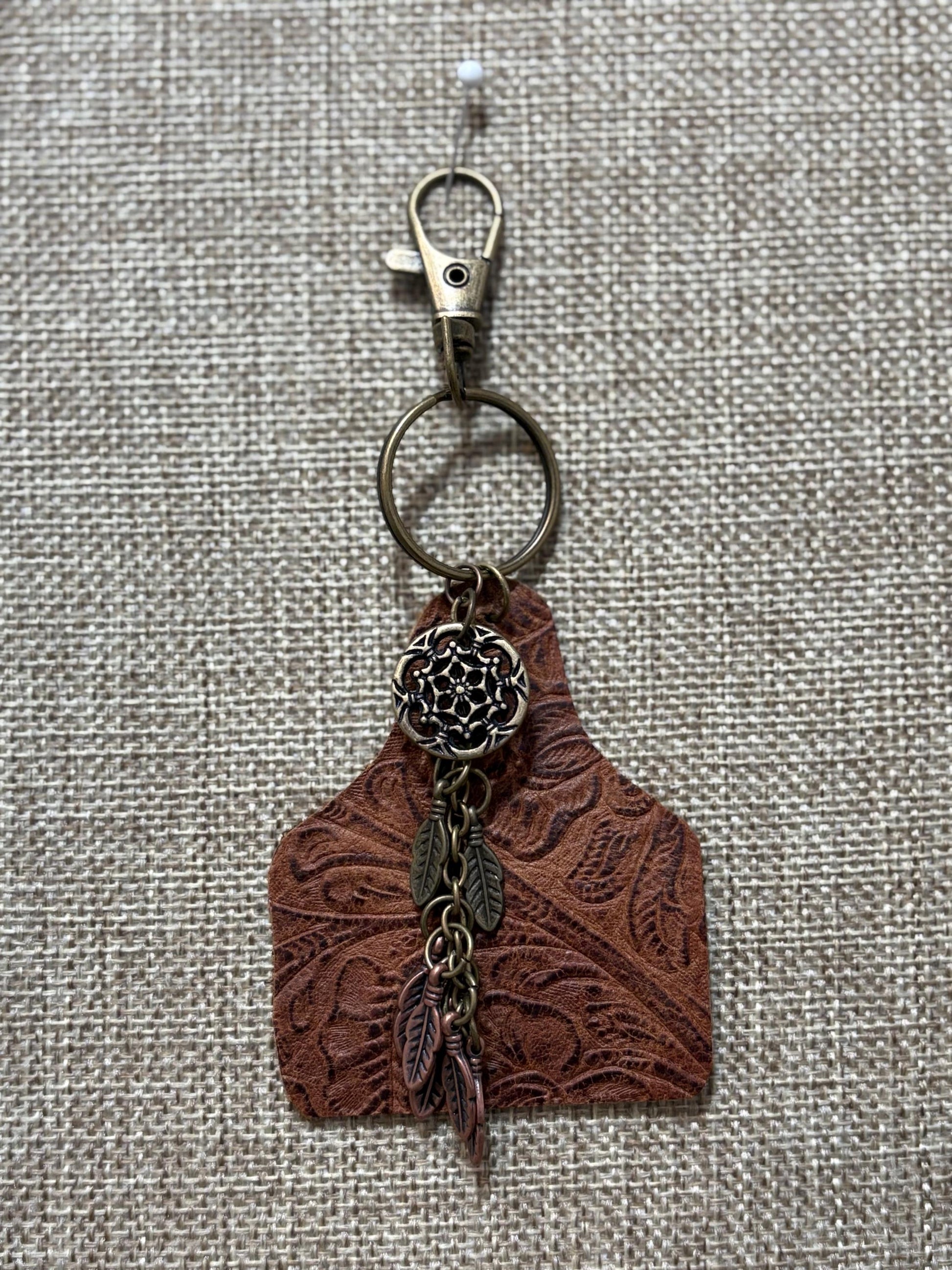 Handmade Genuine Leather Purse Backpack Charm Keychain Cow Ear Tag Feathers