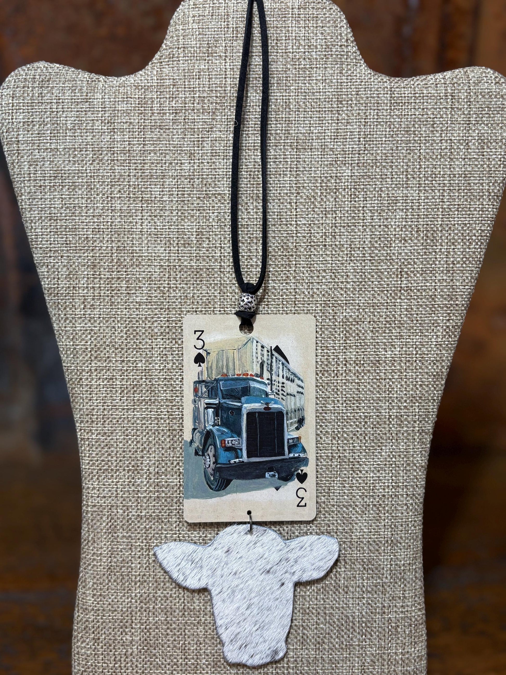 Handmade Car Rearview Mirror Charm Ornament: Playing Card Art, Western Boho Tassel Cattle Truck