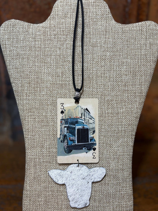 Handmade Car Rearview Mirror Charm Ornament: Playing Card Art, Western Boho Tassel Cattle Truck