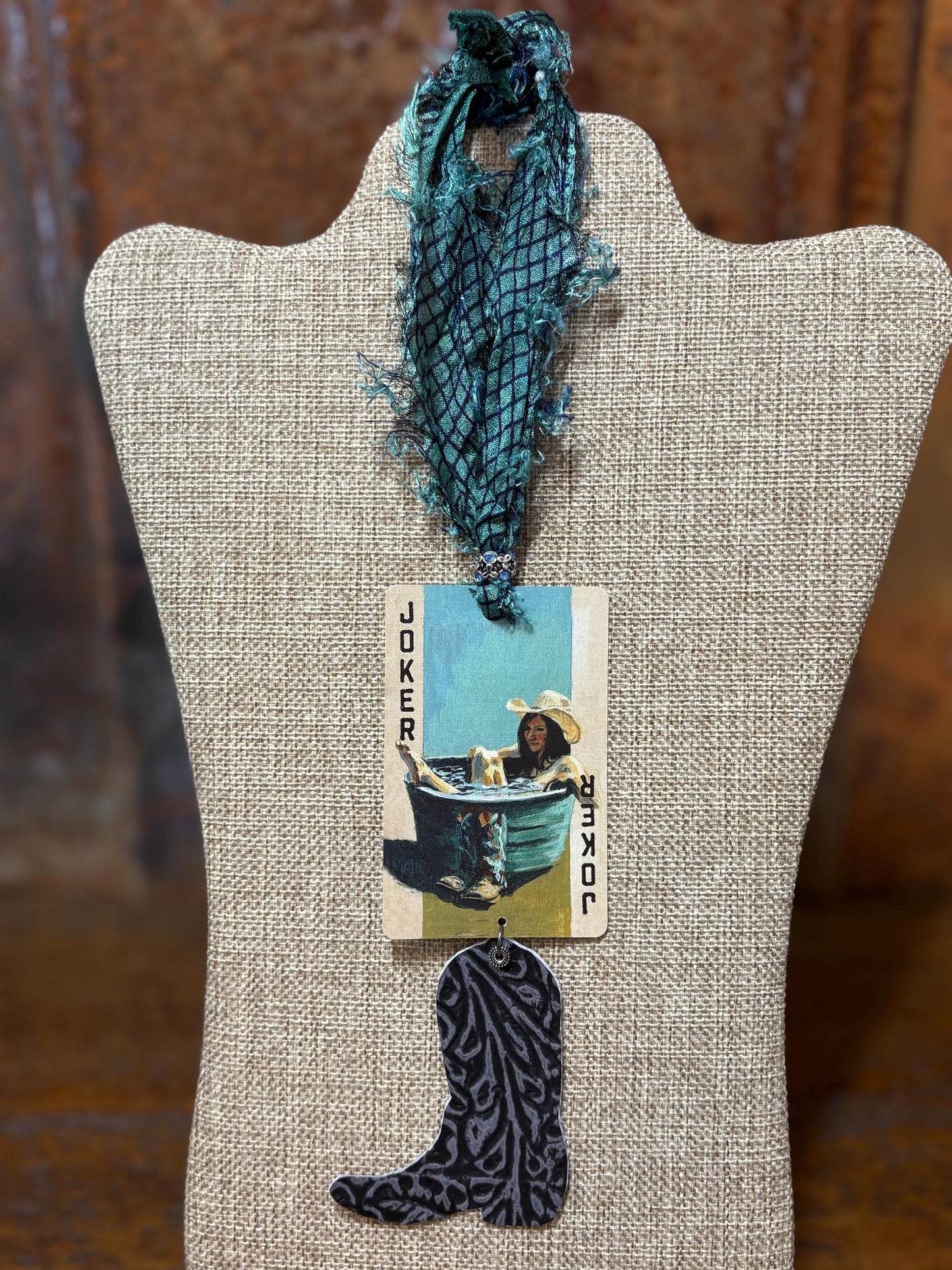Handmade Car Rearview Mirror Charm Ornament: Playing Card Art, Western Boho Tassel Joker Card