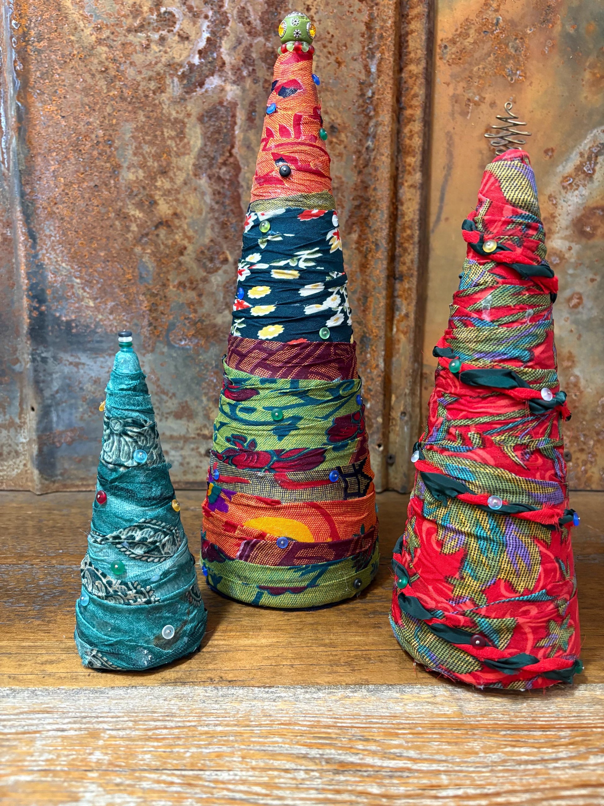 Fabric Wrapped Christmas Tree Trio Set – Boho Sea Glass Decor