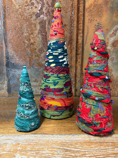 Fabric Wrapped Christmas Tree Trio Set – Boho Sea Glass Decor
