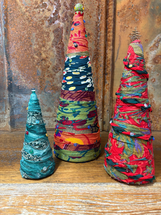 Fabric Wrapped Christmas Tree Trio Set – Boho Sea Glass Decor