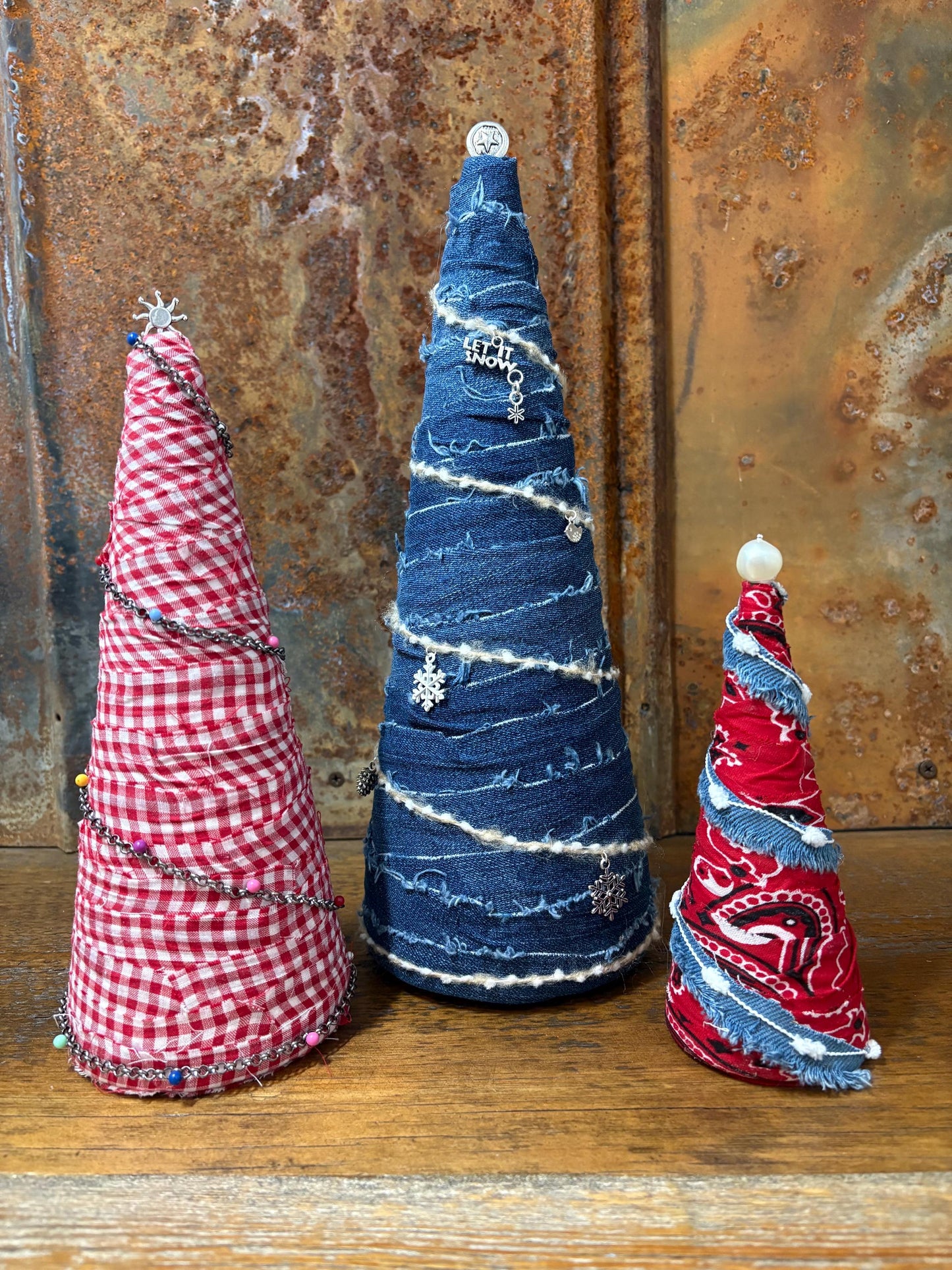 Fabric Wrapped Western Themed Christmas Trees Set of 3 - Handcrafted - One-of-a-kind