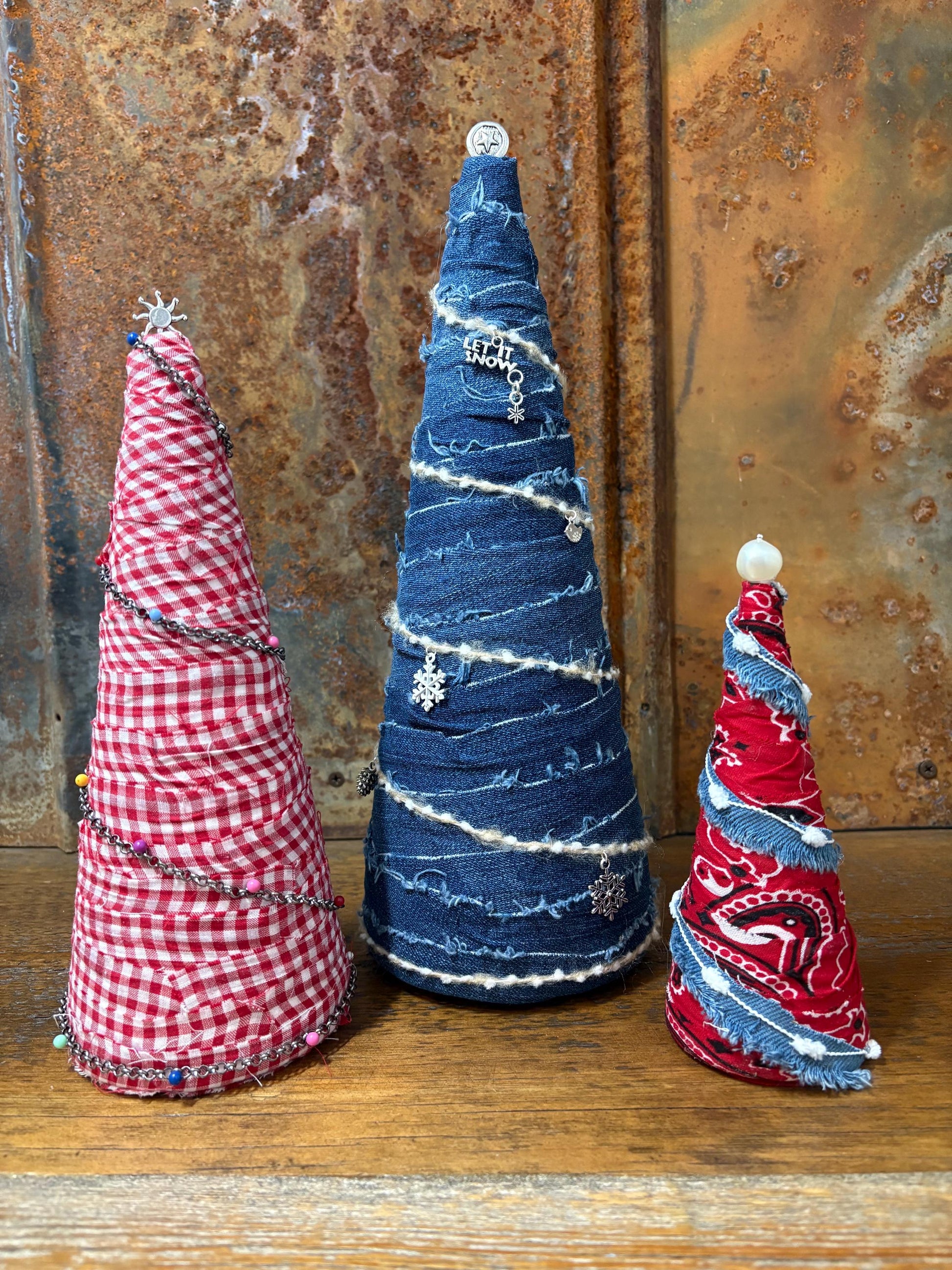 Fabric Wrapped Western Themed Christmas Trees Set of 3 - Handcrafted - One-of-a-kind