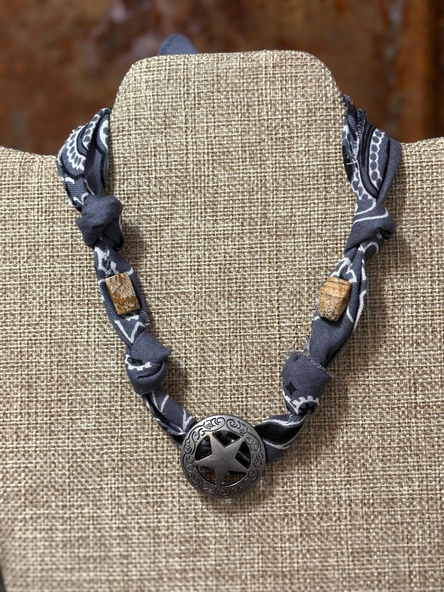 Handmade Gray Bandana Choker Necklace Star Engraved Concho Jasper Beads
