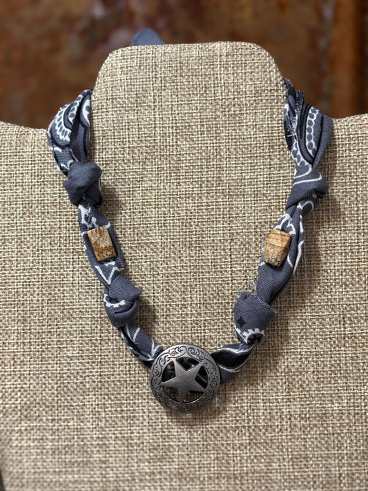 Handmade Gray Bandana Choker Necklace Star Engraved Concho Jasper Beads