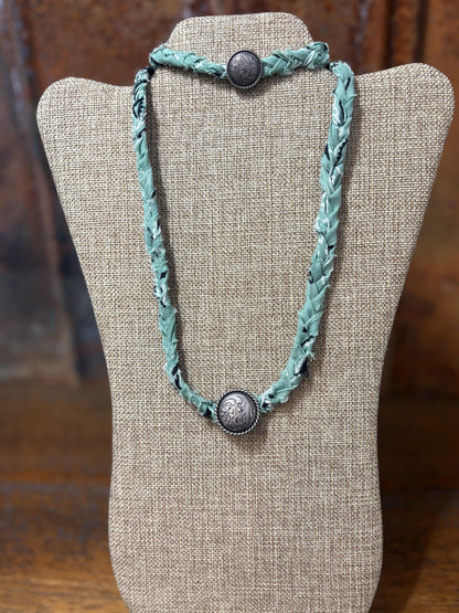 Handmade Sage Green Braided Bandana Concho Necklace Bracelet Set