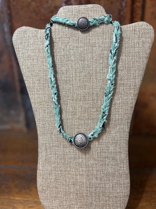 Handmade Sage Green Braided Bandana Concho Necklace Bracelet Set