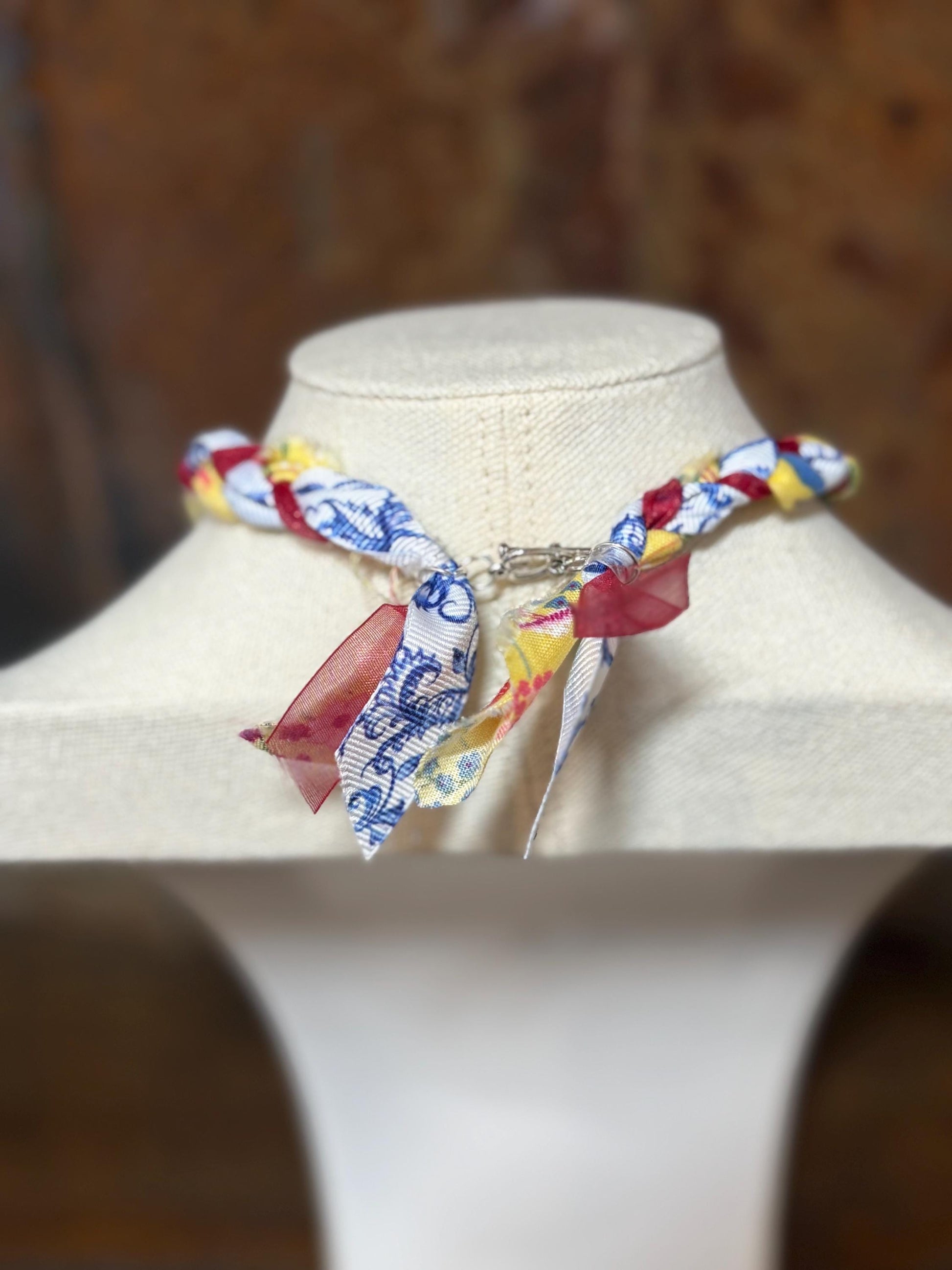 Braided Fabric Ribbon Charm Necklace - Handmade Boho Western Porcelain Charm Jewelry - Sunrise