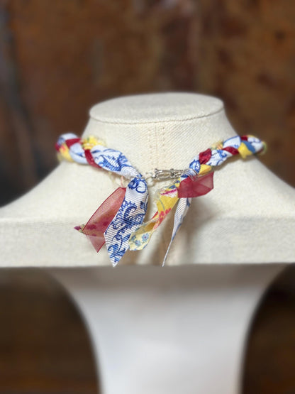 Braided Fabric Ribbon Charm Necklace - Handmade Boho Western Porcelain Charm Jewelry - Sunrise