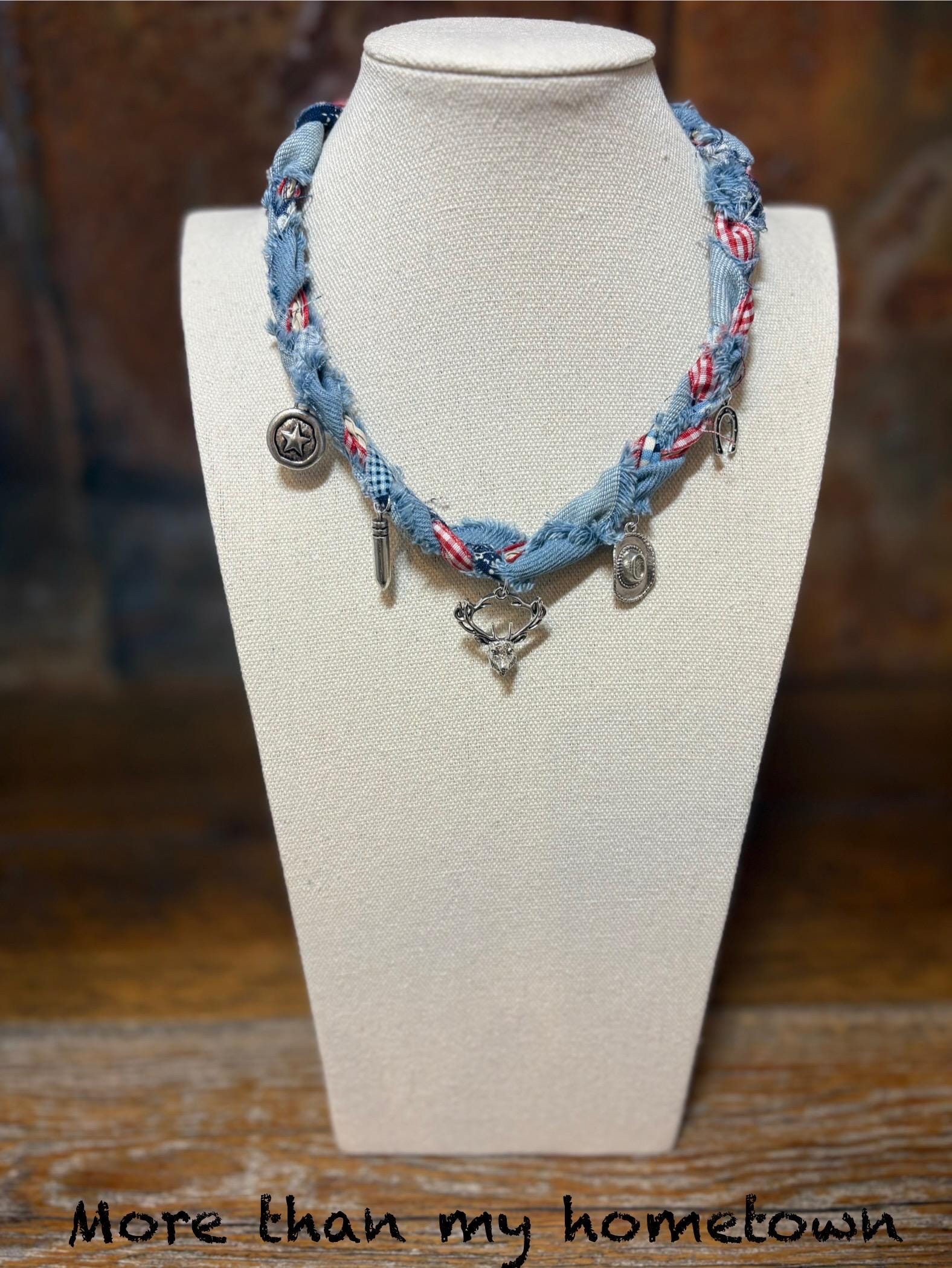 Braided Denim Charm Necklace - Handmade Western Boho Jewelry - Red White Blue Patriotic - More than my Hometown