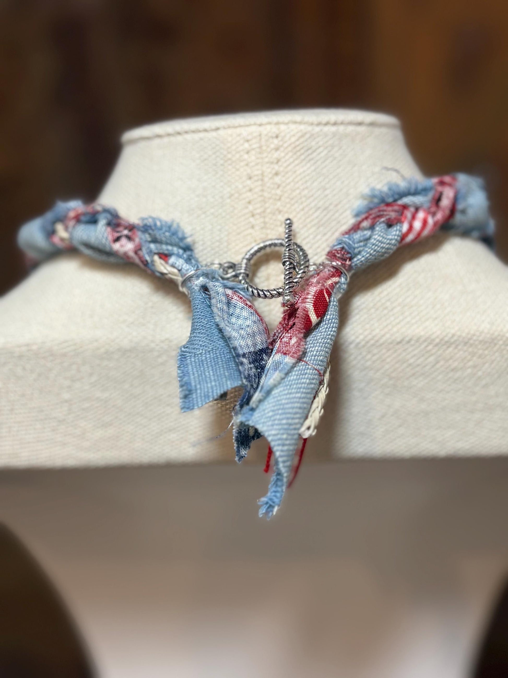 Braided Denim Charm Necklace - Handmade Western Boho Jewelry - Red White Blue Patriotic - More than my Hometown