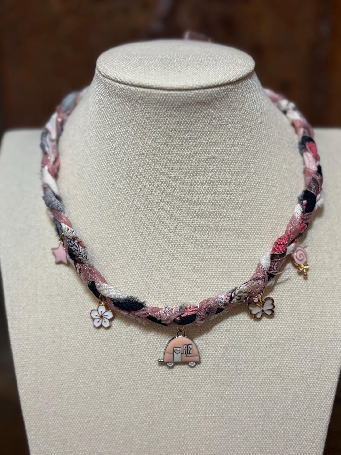 Braided Charm Necklace: Pink Sparkle, Butterfly, Vintage Trailer - 4X4XU