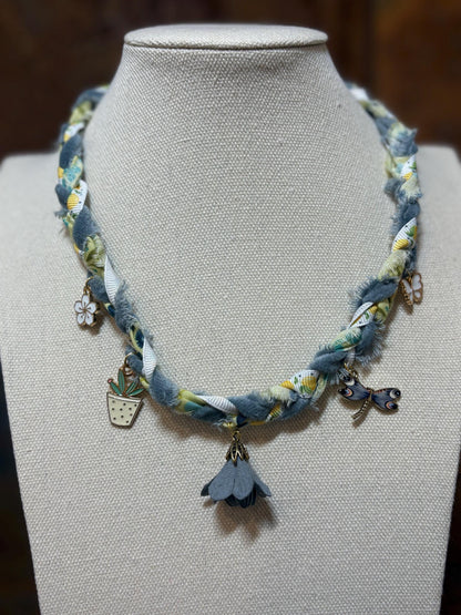 Braided Boho Charm Necklace – Gray Blue Yellow White Fabric Nature Inspired with Faux Suede Flower Pendant - Bluebird