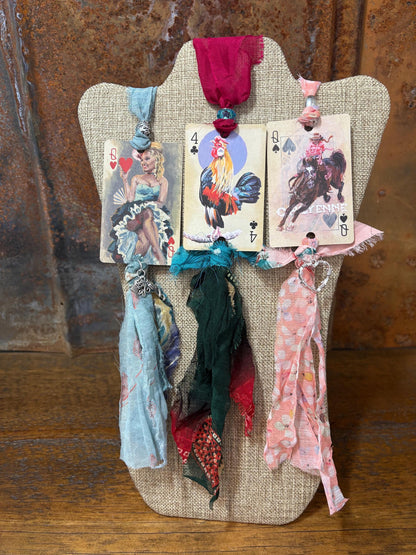 Handmade Car Rearview Mirror Charm: Playing Card Art, Western Boho Tassel Chicken