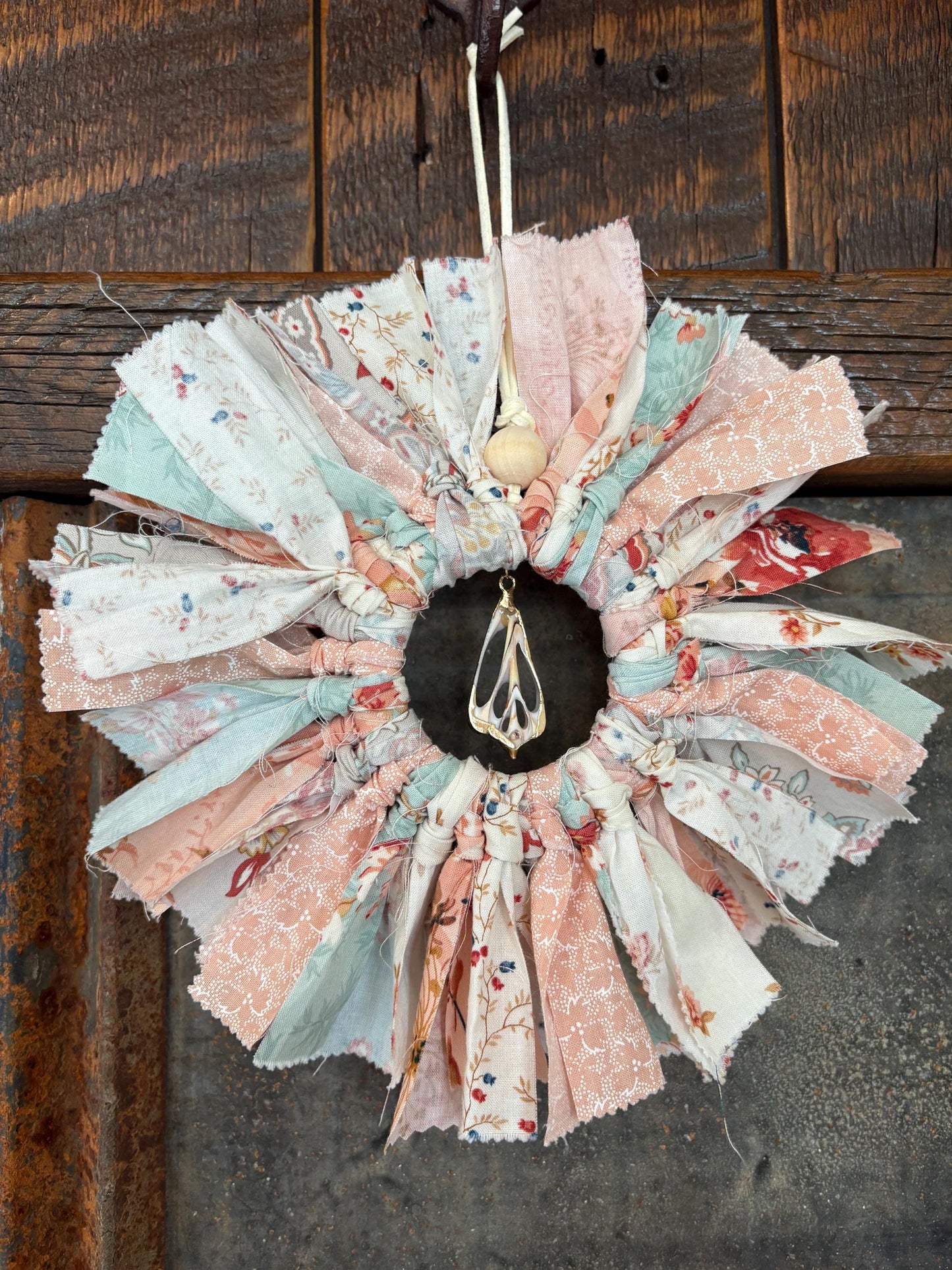 Fabric Wrapped Mini Mason Ring Wreath Boho Vibes Genuine Shell