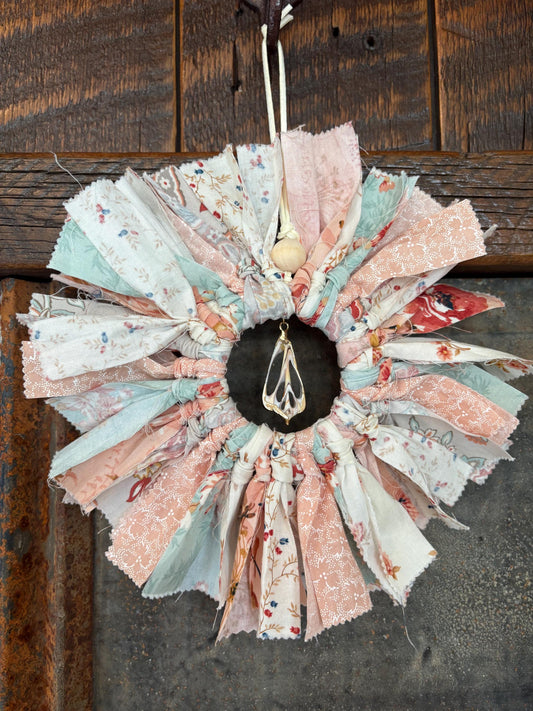 Fabric Wrapped Mini Mason Ring Wreath Boho Vibes Genuine Shell