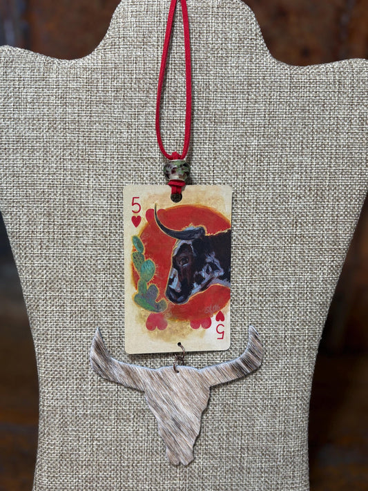 Handmade Car Rearview Mirror Charm Ornament: Playing Card Art, Western Boho Tassel Longhorn Cow