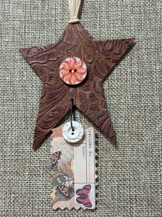 Embossed Leather Star Ornament: Western Boho Car Hanger, Scrapbook Tag Butterfly Tag