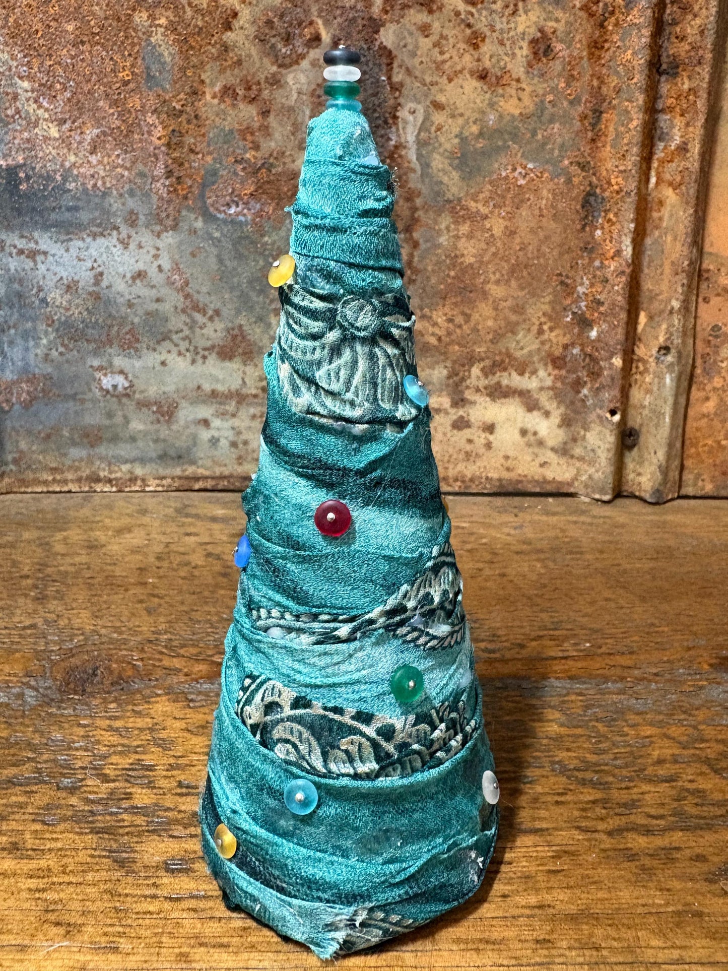Fabric Wrapped Christmas Tree Trio Set – Boho Sea Glass Decor