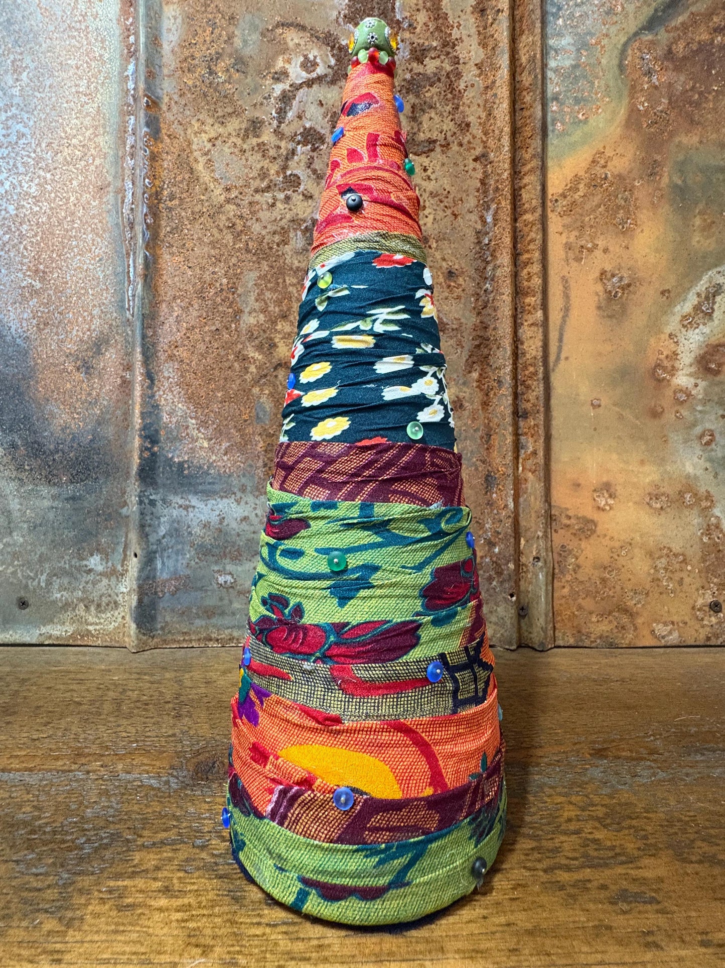 Fabric Wrapped Christmas Tree Trio Set – Boho Sea Glass Decor
