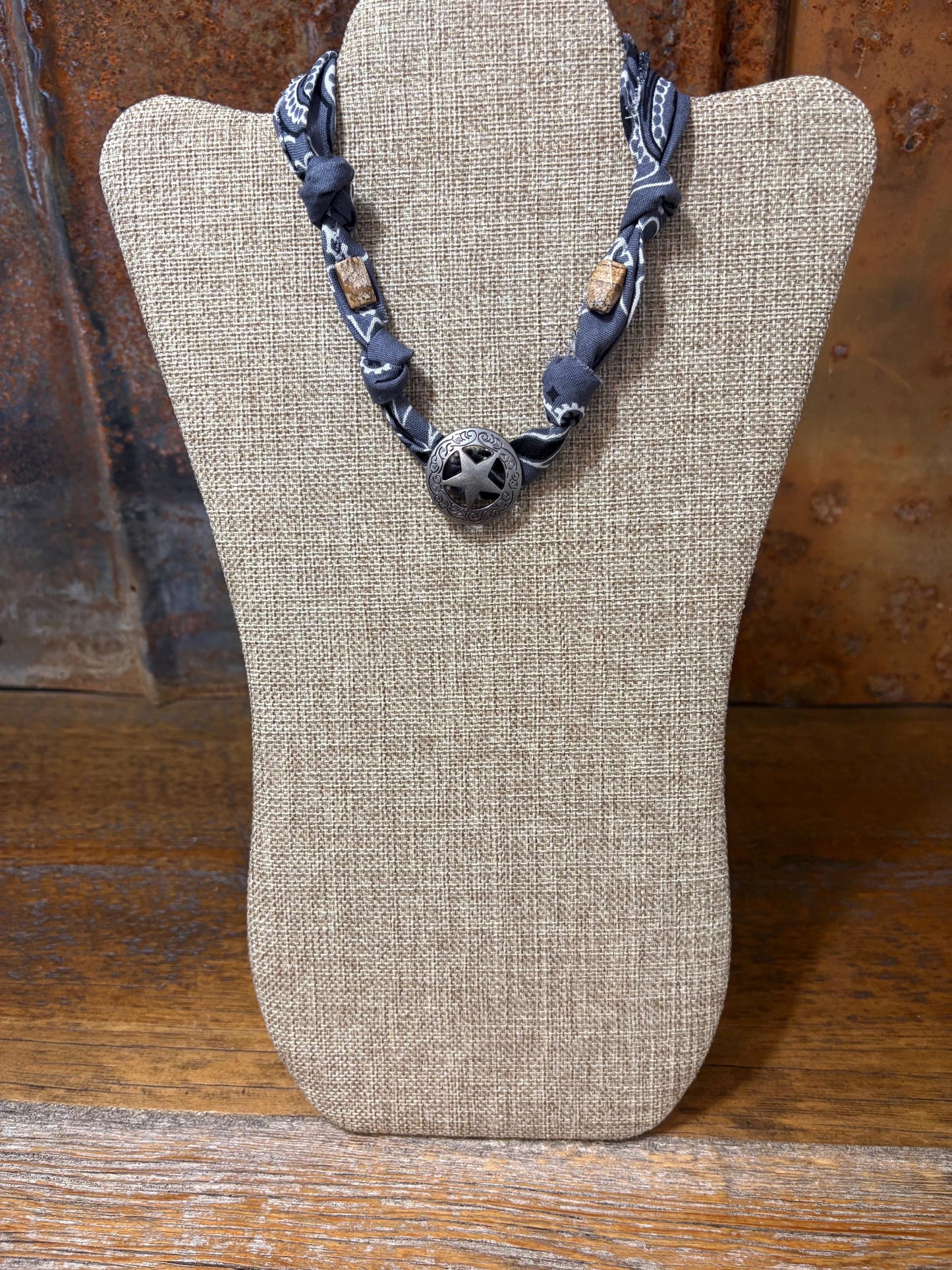 Handmade Gray Bandana Choker Necklace Star Engraved Concho Jasper Beads