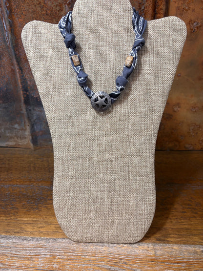 Handmade Gray Bandana Choker Necklace Star Engraved Concho Jasper Beads